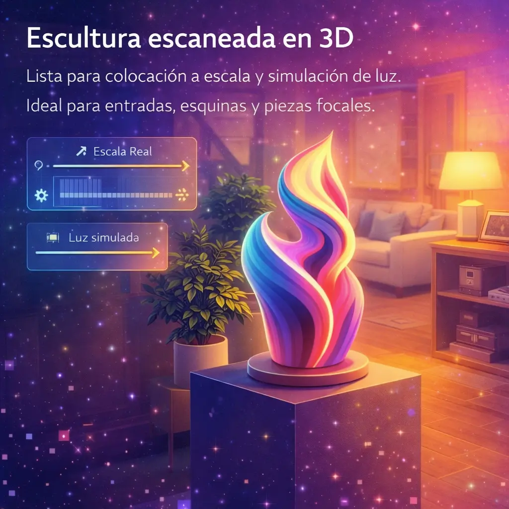 Escultura escaneada en 3D visualizada a escala real con simulación de luz