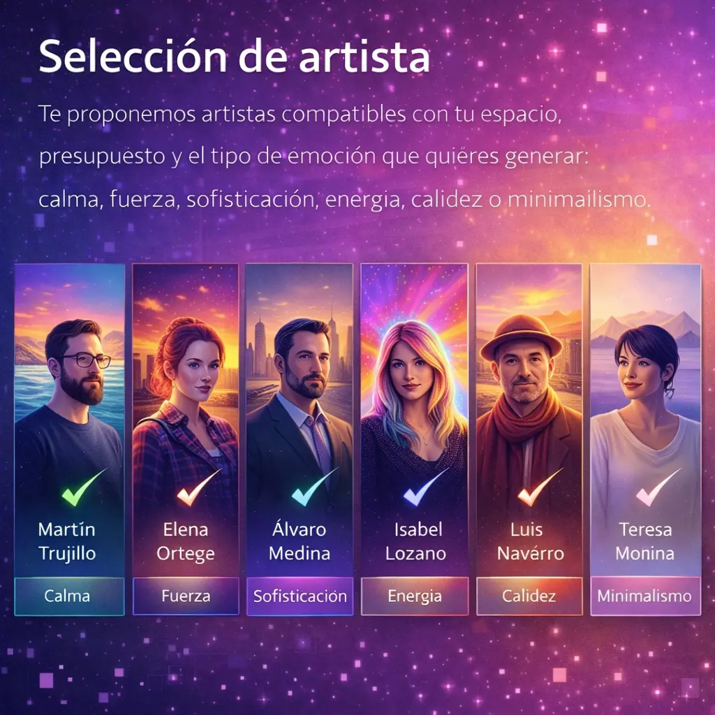 Selección de artista compatible con el espacio, el presupuesto y la emoción buscada